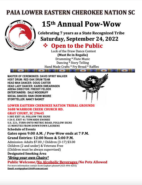 15th Annual PAIA Lower Eastern Cherokee Nation S.C.  Pow Wow 2022